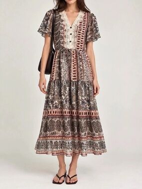 Paisley Midi Dress in Brown & Red Like New